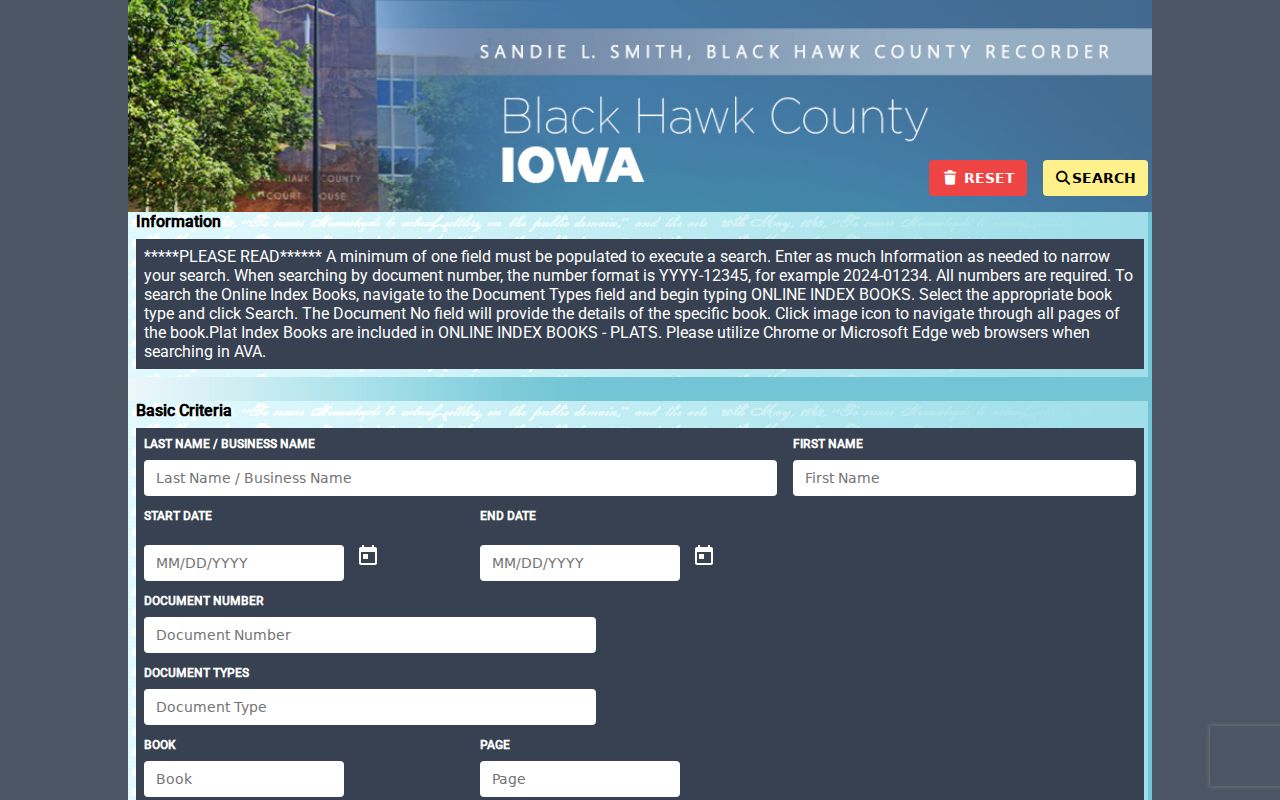 Black Hawk County Recorder AVA land-record search entry