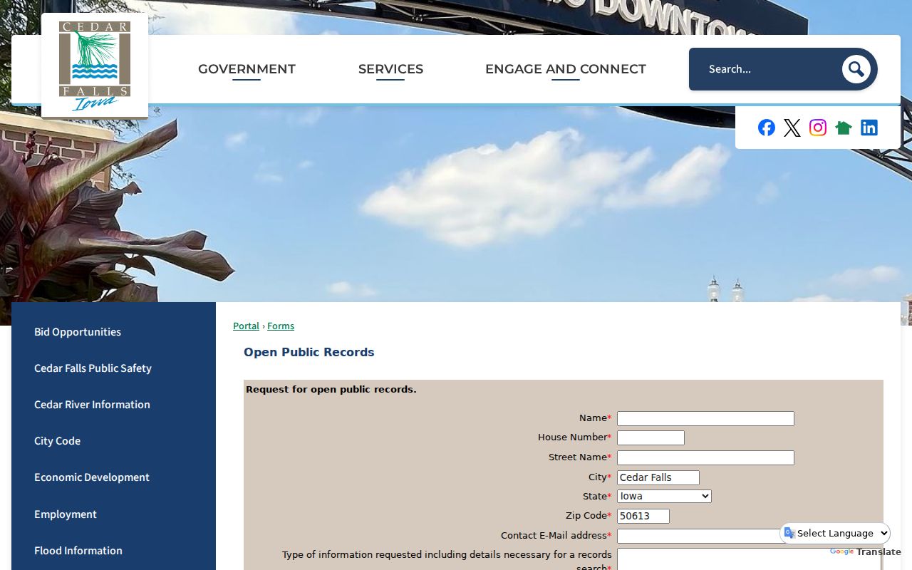 Cedar Falls public-record form with location and request-detail fields