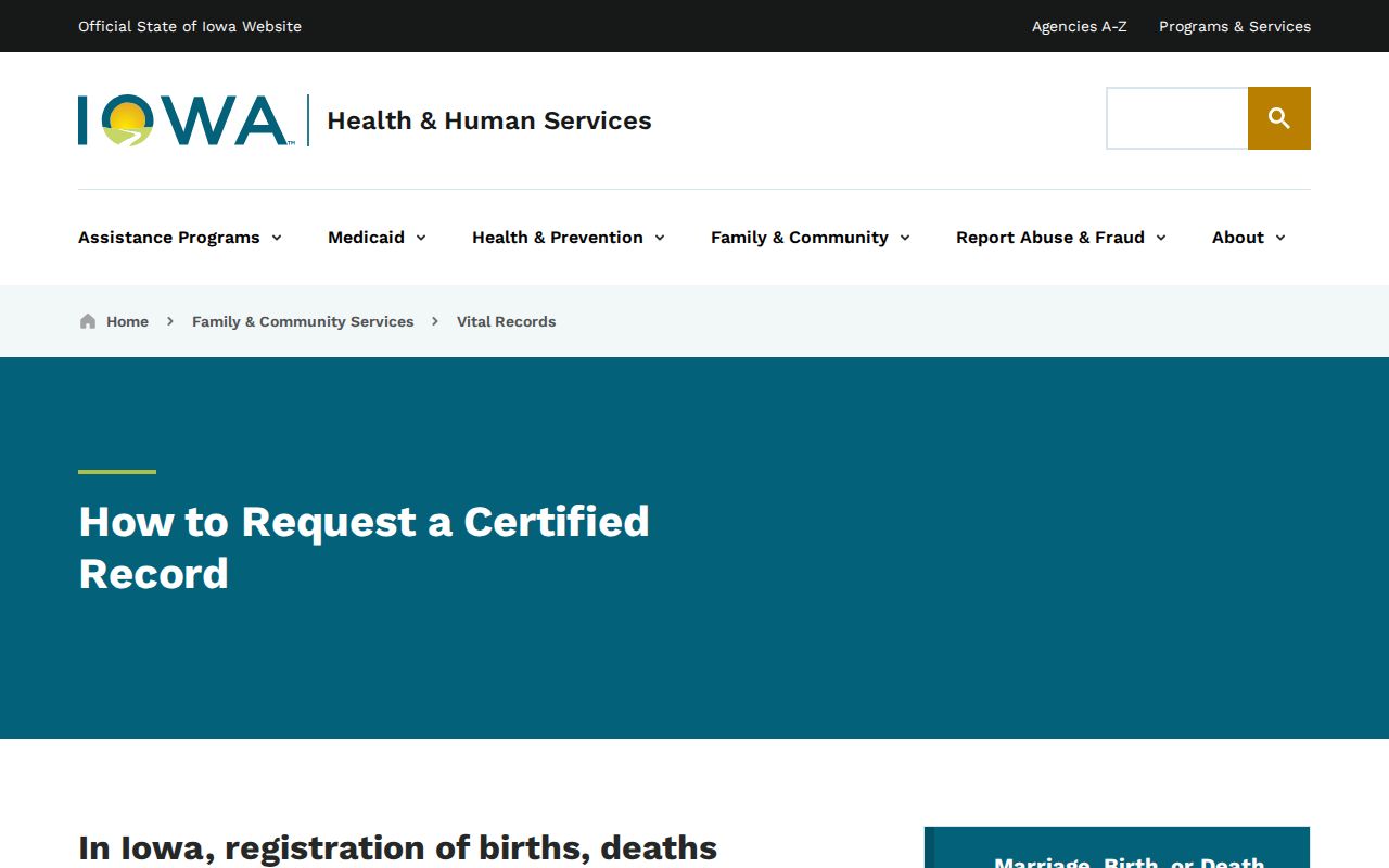 Iowa certified vital record request routes for Cedar Falls research