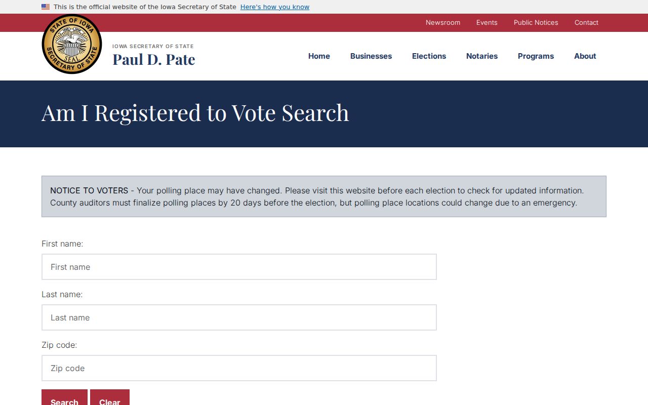 Iowa voter status form requiring first name, last name, and ZIP